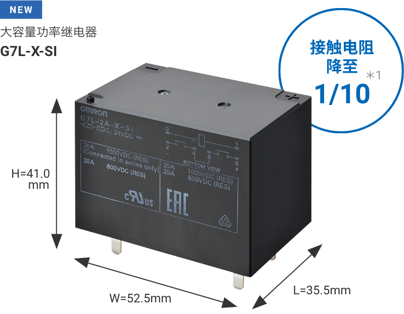 大容量功率继电器 G7L-X-SI W52.5mm×L35.5mm×H41.0mm（接触电阻降至1/10）