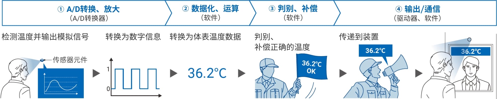 1.A/D转换、放大(A/D转换器):检测温度并输出模拟信号-->转换为数字信息,2.数据化、运算(软件):转换为体表温度数据,3.判别、补偿(软件):判别、补偿正确的温度,4.输出/通信(驱动器、软件)传递到装置