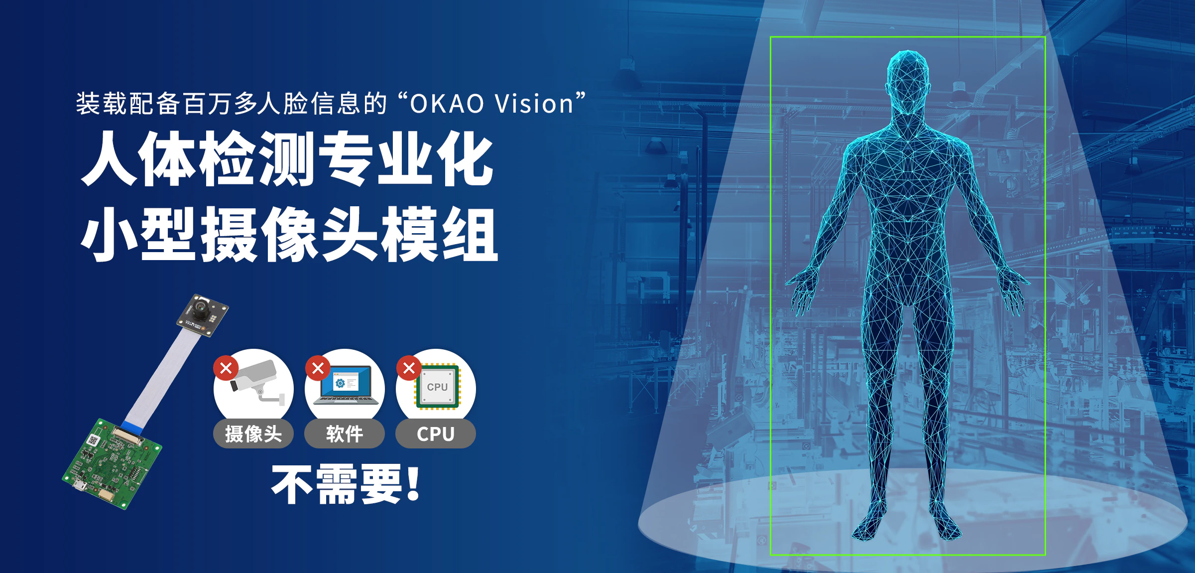 装载配备百万多人脸信息的“OKAO Vision” 人体检测专业化 小型摄像头模组 摄像头 软件 CPU 不需要!