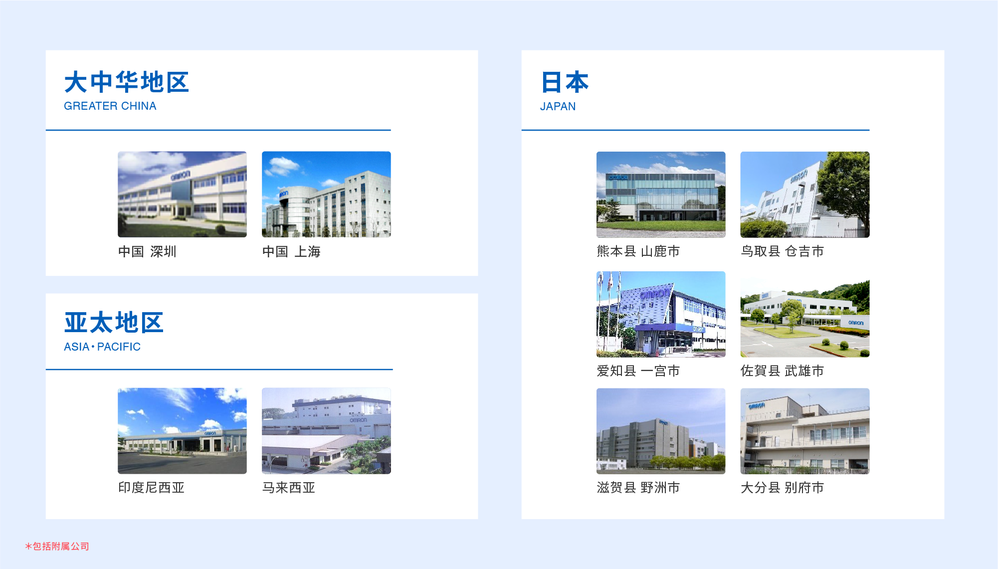 大中华地区(中国 深圳 / 中国 上海)，日本(熊本县山鹿市，鸟取县仓吉市，爱知县一宫市，佐賀县武雄市，滋贺县野洲市，大分县别府市)